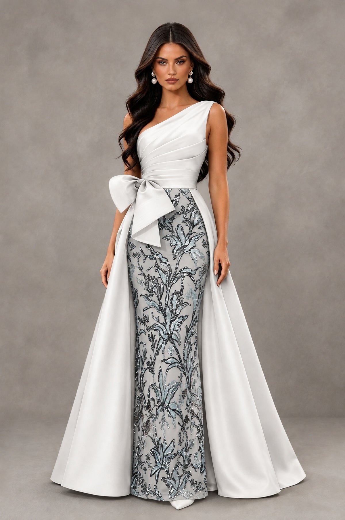 BOLODOO White One Shoulder Satin Mermaid Formal Evening Gown with Bow - White - White (1)