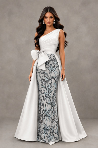 BOLODOO White One Shoulder Satin Mermaid Formal Evening Gown with Bow - White - White (1)