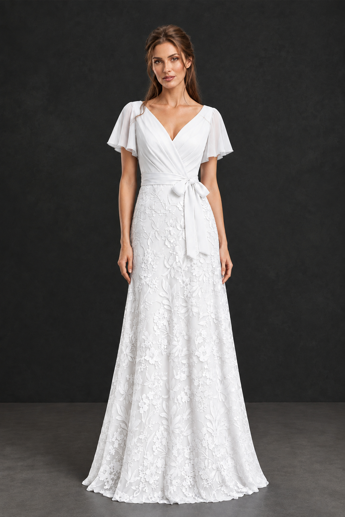 BOLODOO White Flutter Sleeve Lace Mother of the Bride Dress - White