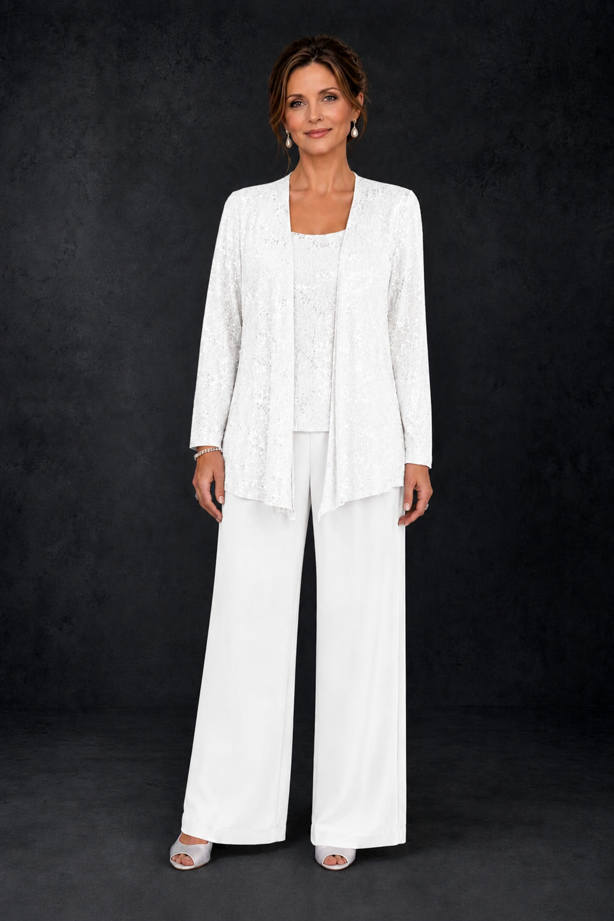 BOLODOO White Sequin Lace 3-Piece Pant Suit with Long Sleeve Jacket - White - White (1)