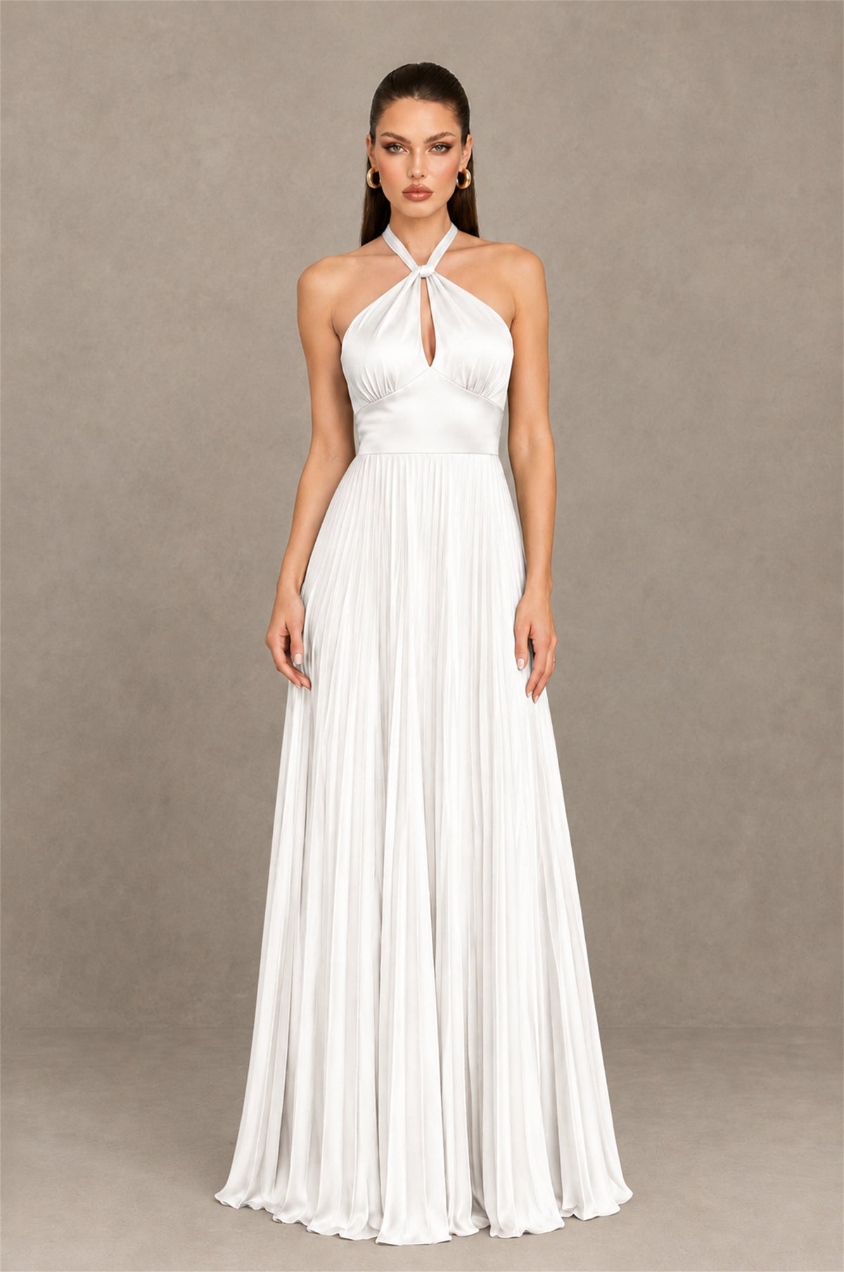 BOLODOO White Halter Pleated A-Line Evening Dress - White - White (1)