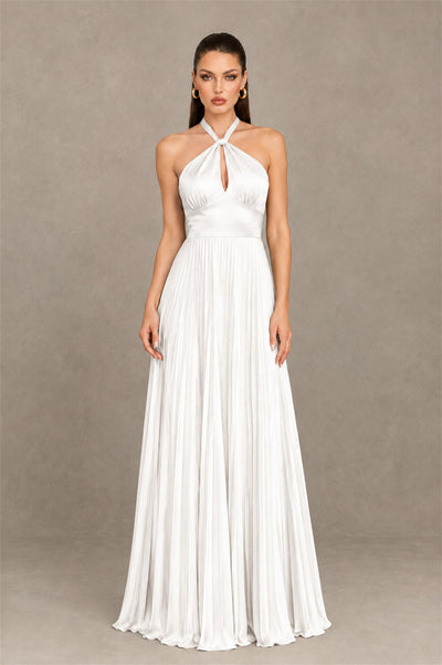 BOLODOO White Halter Pleated A-Line Evening Dress - White - White (1)