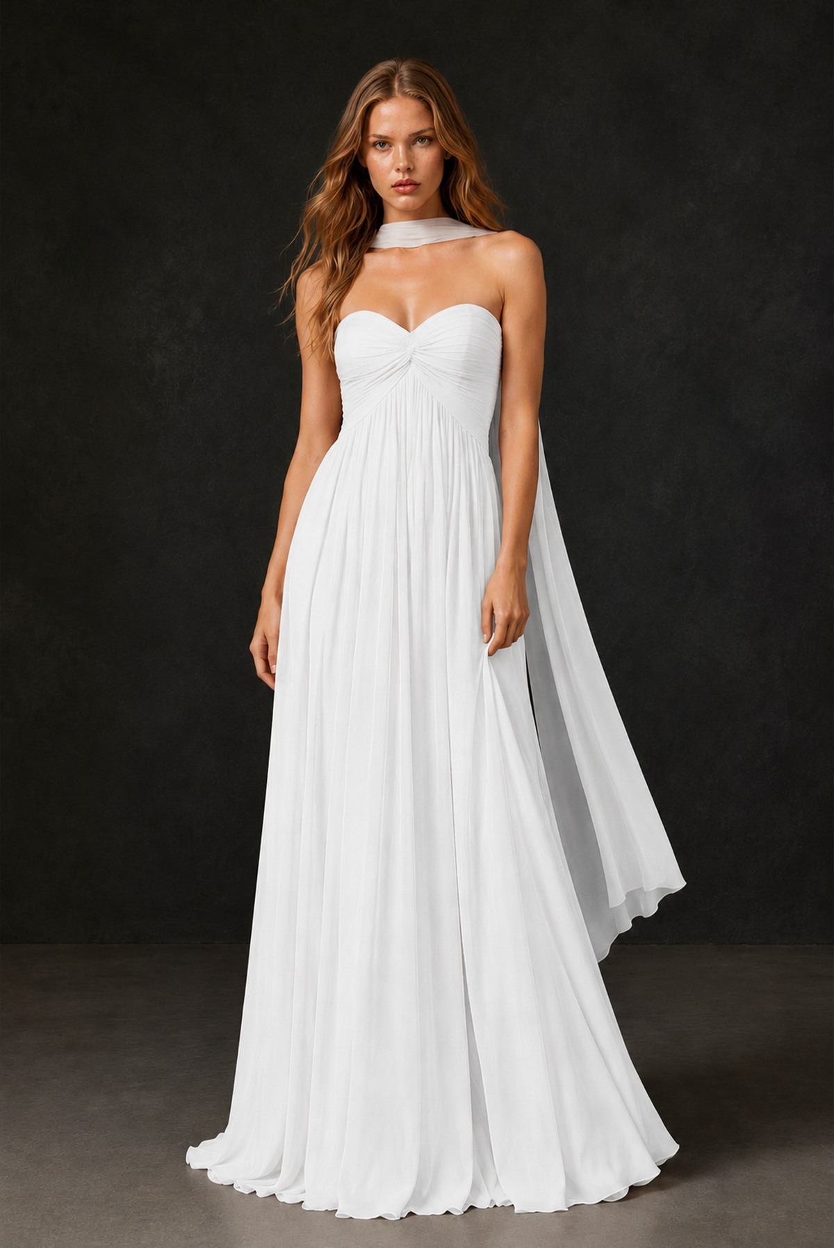 BOLODOO White Sweetheart Strapless Twist Knot Detached Halter Scarf Lace-Up Back Empire Waist Chiffon Maxi Dress - White