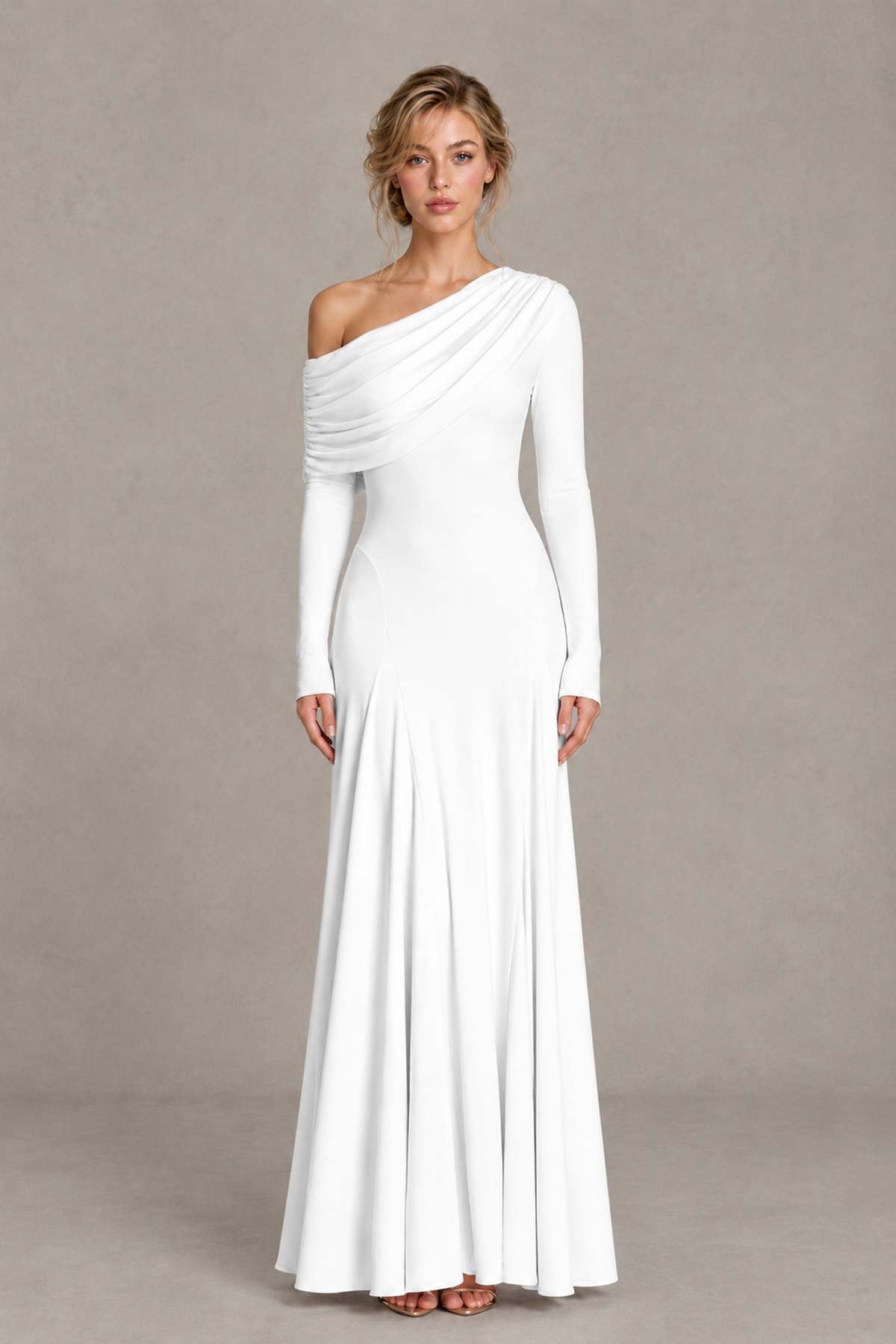 BOLODOO White Asymmetric Draped Long Sleeve Evening Gown - White