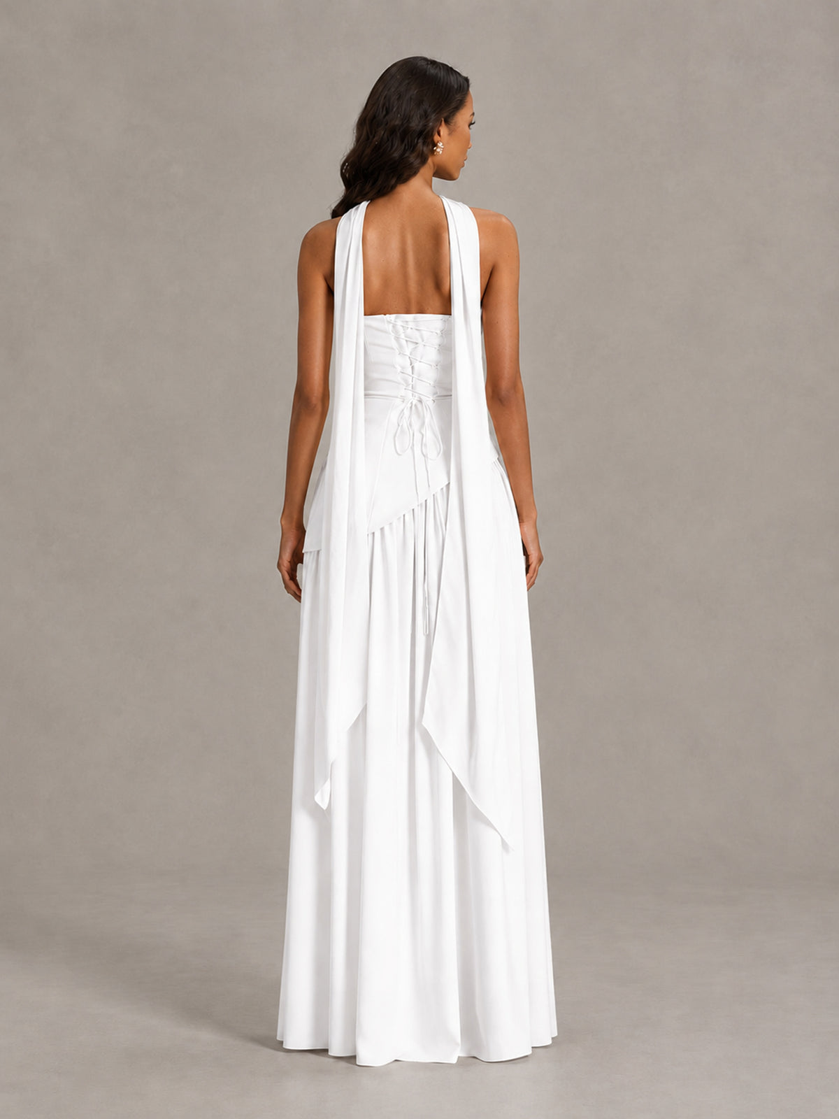 White Strapless Bridesmaid Dress with Scarf & High Slit - White - White (2)
