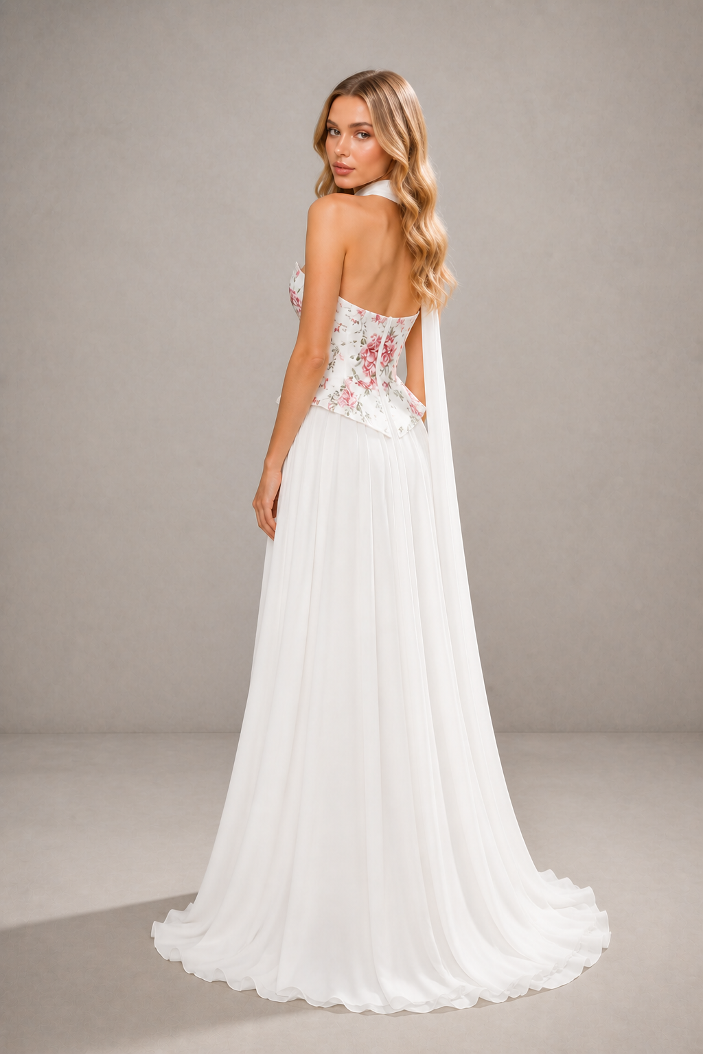 White Floral Embroidered Corset Halter Neck Open Back Chiffon Maxi Gown - White