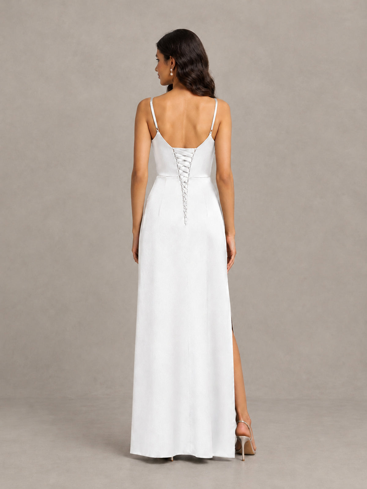 BOLODOO White Cowl Neck Satin Bridesmaid Dress with Slit - White - White (2)