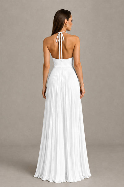 BOLODOO White Halter Pleated A-Line Evening Dress - White - White (2)
