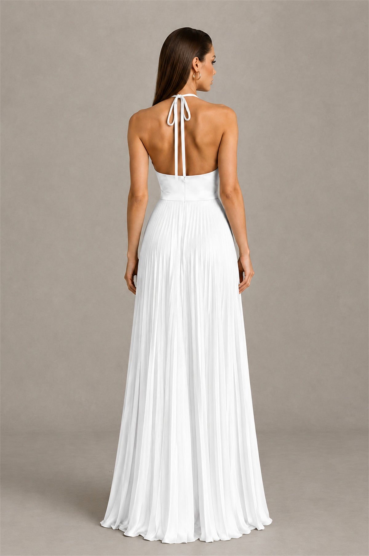 BOLODOO White Halter Pleated A-Line Evening Dress - White - White (2)