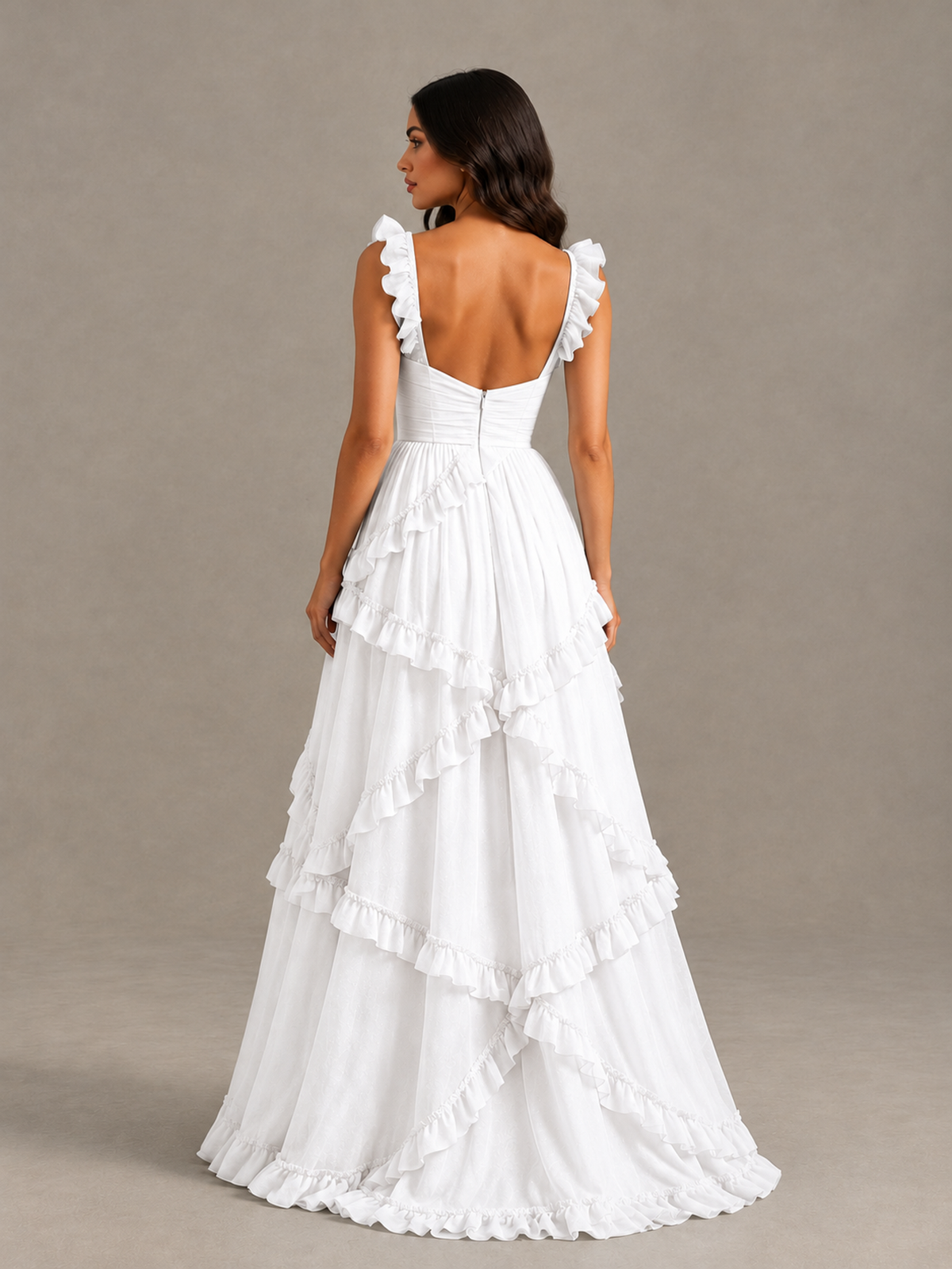 BOLODOO White Ruffle A-Line Prom Dress with Open Back - White - White (2)
