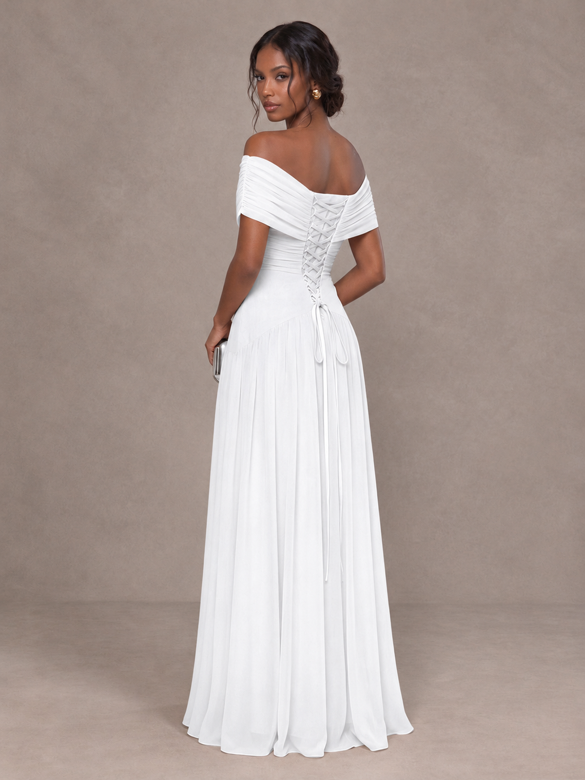 BOLODOO White Off-Shoulder Ruched A-Line Bridesmaid Dress - White - White (2)
