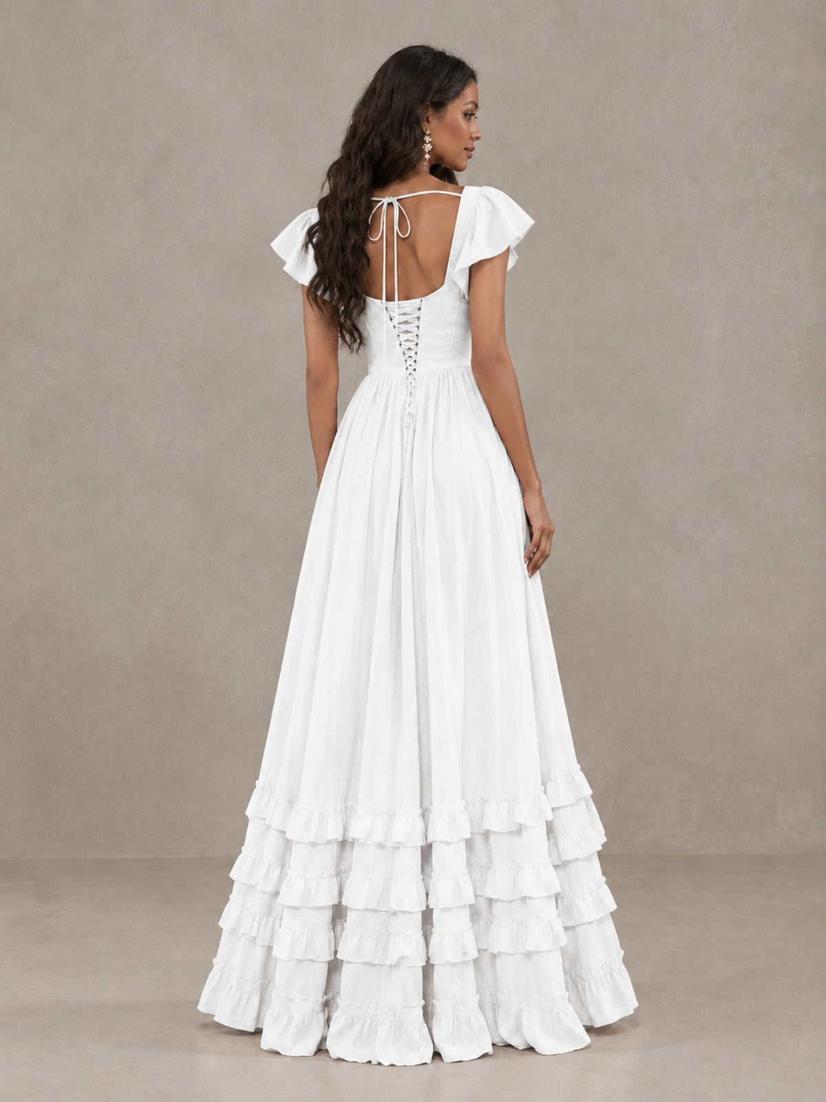 BOLODOO White Flutter Sleeve Ruffle Bridesmaid Dress with Slit - White - White (2)