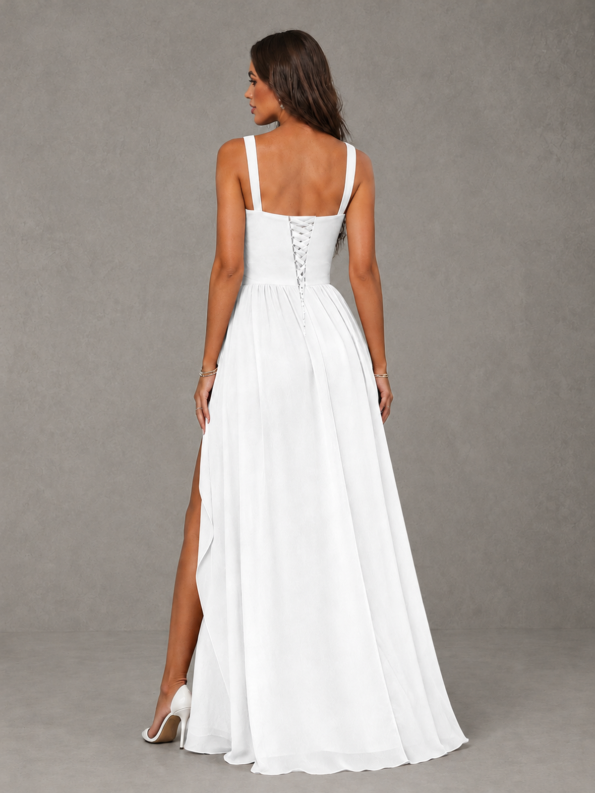 BOLODOO White A-Line Bridesmaid Dress with High Slit & Lace-Up Back - White - White (2)