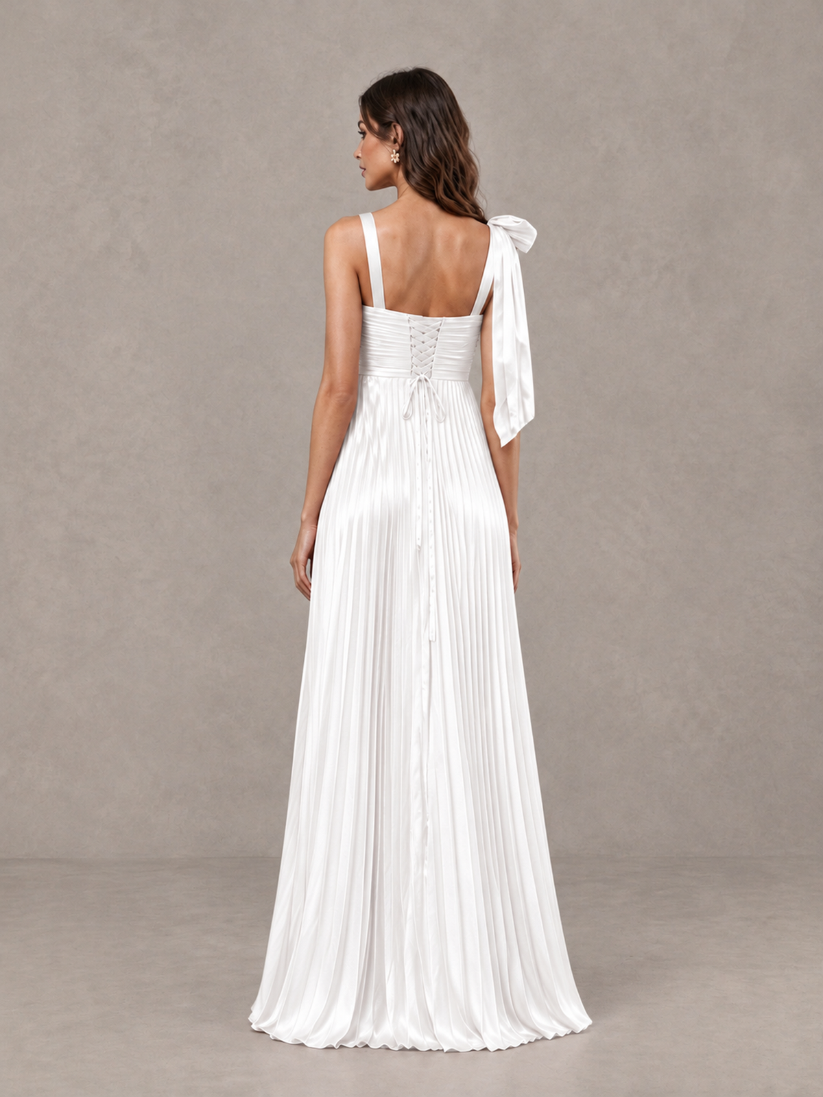 BOLODOO White Pleated Bow-Strap Bridesmaid Maxi Dress - White - White (2)