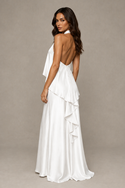 BOLODOO White Halter Neck Cascading Ruffle Cape Open Back Side Slit Satin Maxi Dress - White