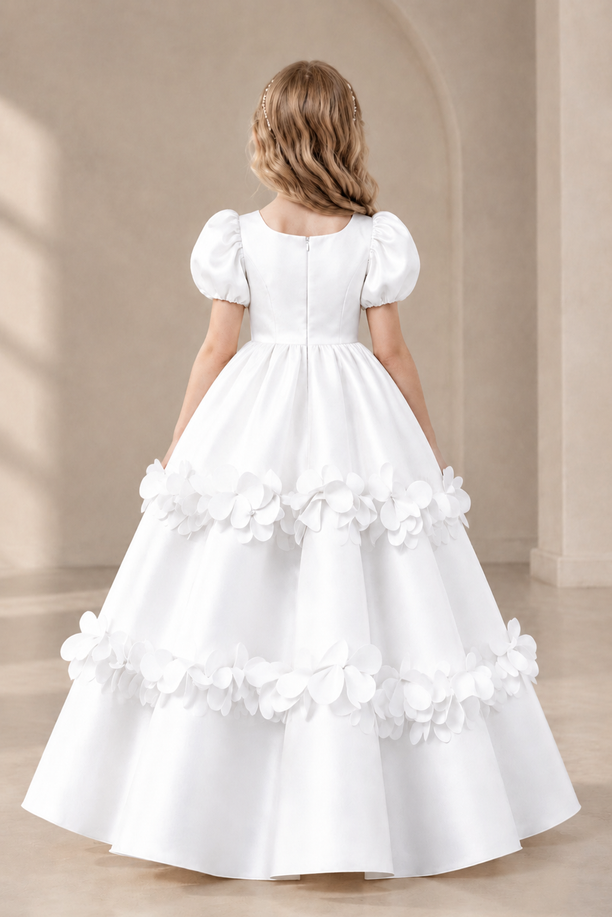 BOLODOO White Satin Flower Girl Dress with Floral Appliques - White
