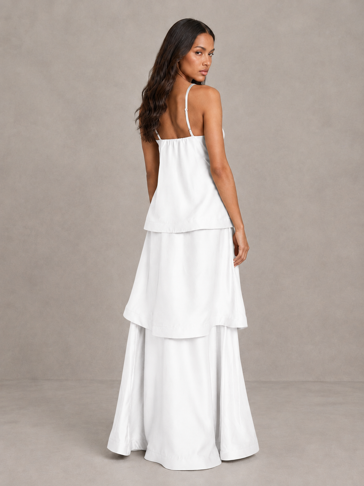 BOLODOO White Satin Tiered Maxi Dress with Spaghetti Straps - White