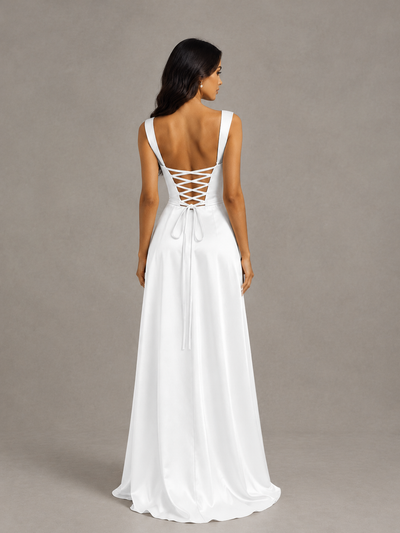 BOLODOO White Satin Lace-Up Bridesmaid Dress with Slit - White - White (2)