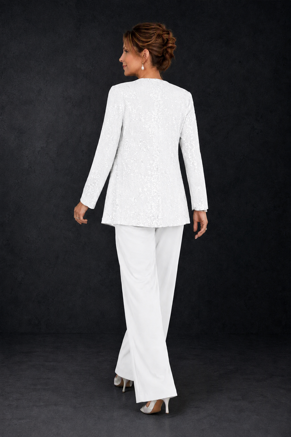 BOLODOO White Sequin Lace 3-Piece Pant Suit with Long Sleeve Jacket - White - White (2)