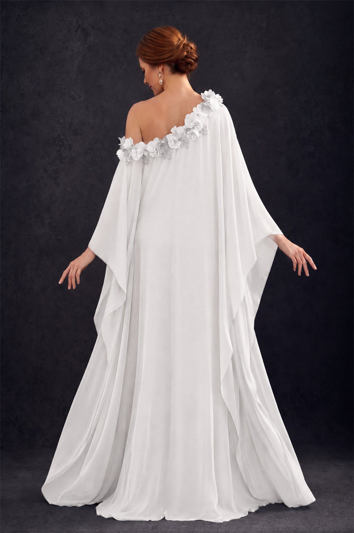 BOLODOO White 2-Piece Set: Off-Shoulder 3D Floral Cape Gown & One-Shoulder Wide-Leg Jumpsuit | BD0373 - White