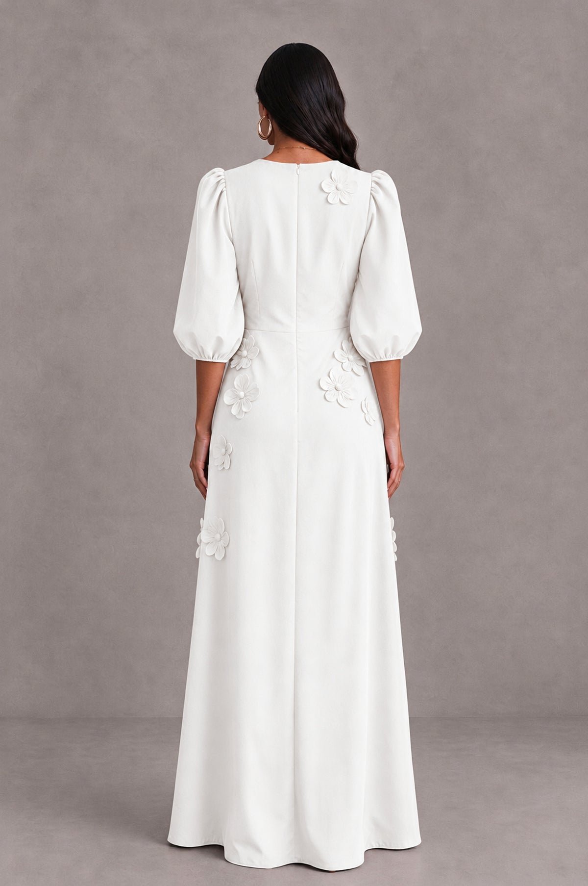BOLODOO White Floral Applique Puff Sleeve A-Line Evening Dress - White - White (2)