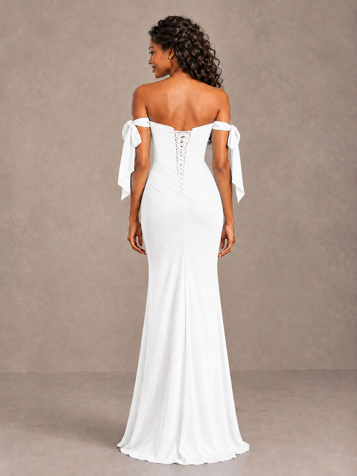 White Off-Shoulder Bow Bridesmaid Dress with Slit - White - White (2)