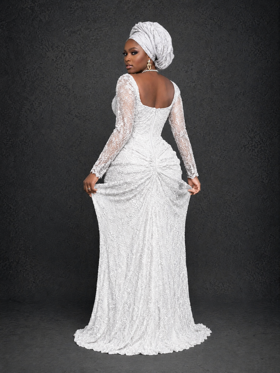 BOLODOO White Beaded Lace Long Sleeve Mermaid Gown Sweetheart | Mother of the Bride - White