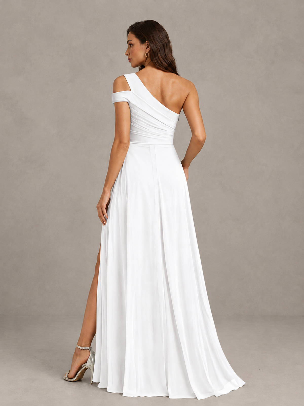 BOLODOO White One-Shoulder Bridesmaid Dress with Side Slit - White - White (2)