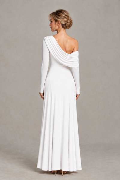 BOLODOO White Asymmetric Draped Long Sleeve Evening Gown - White