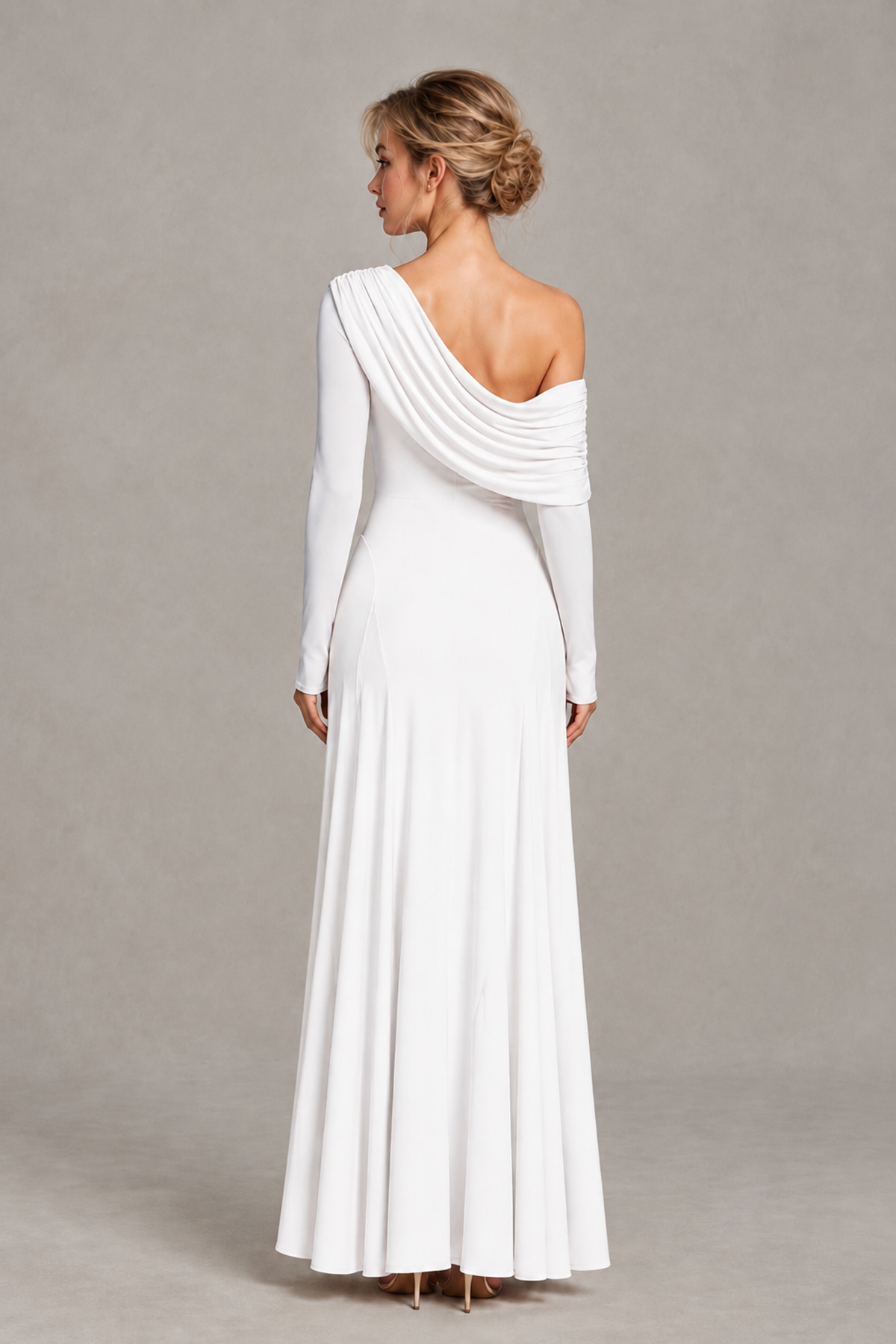 BOLODOO White Asymmetric Draped Long Sleeve Evening Gown - White