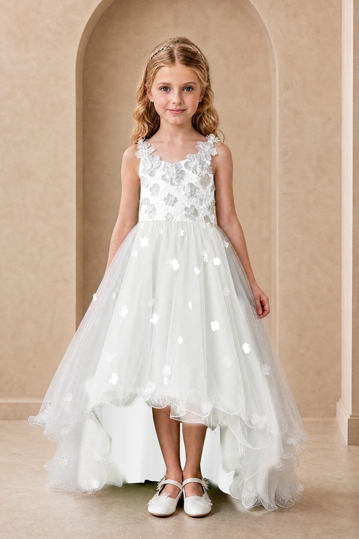 BOLODOO White Flower Girl Dress with Floral Appliqué and High-Low Tulle Skirt - White