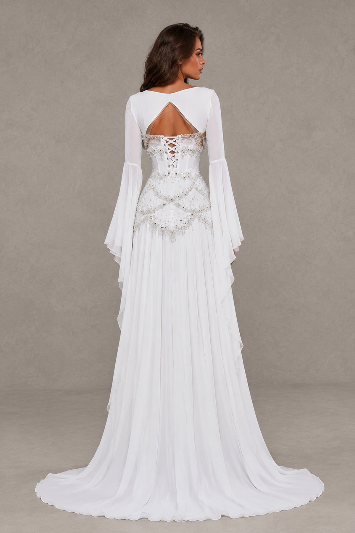 BOLODOO White Embellished Corset Gown with Long Bell Sleeves - White