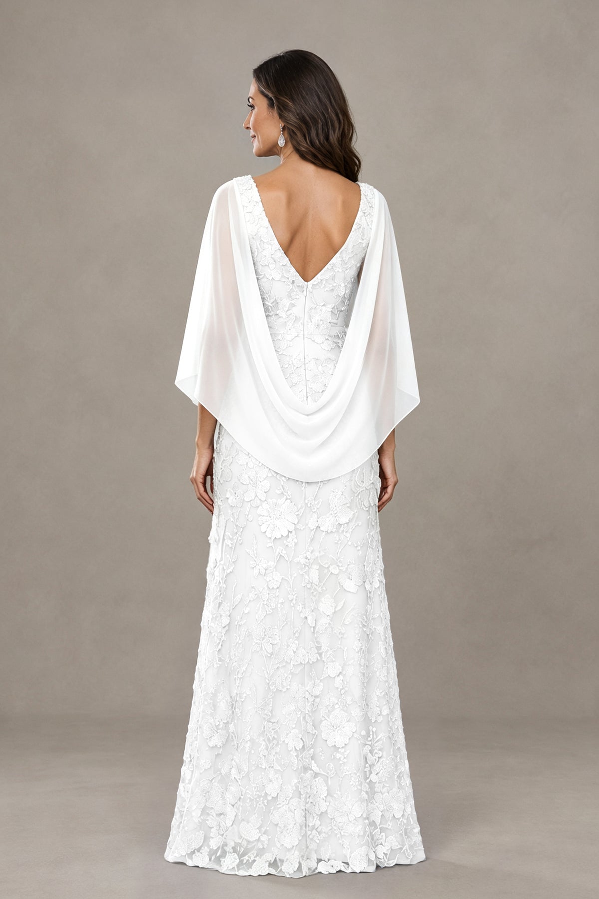 BOLODOO White Lace Mother of the Bride Dress with Cape Sleeves - White
