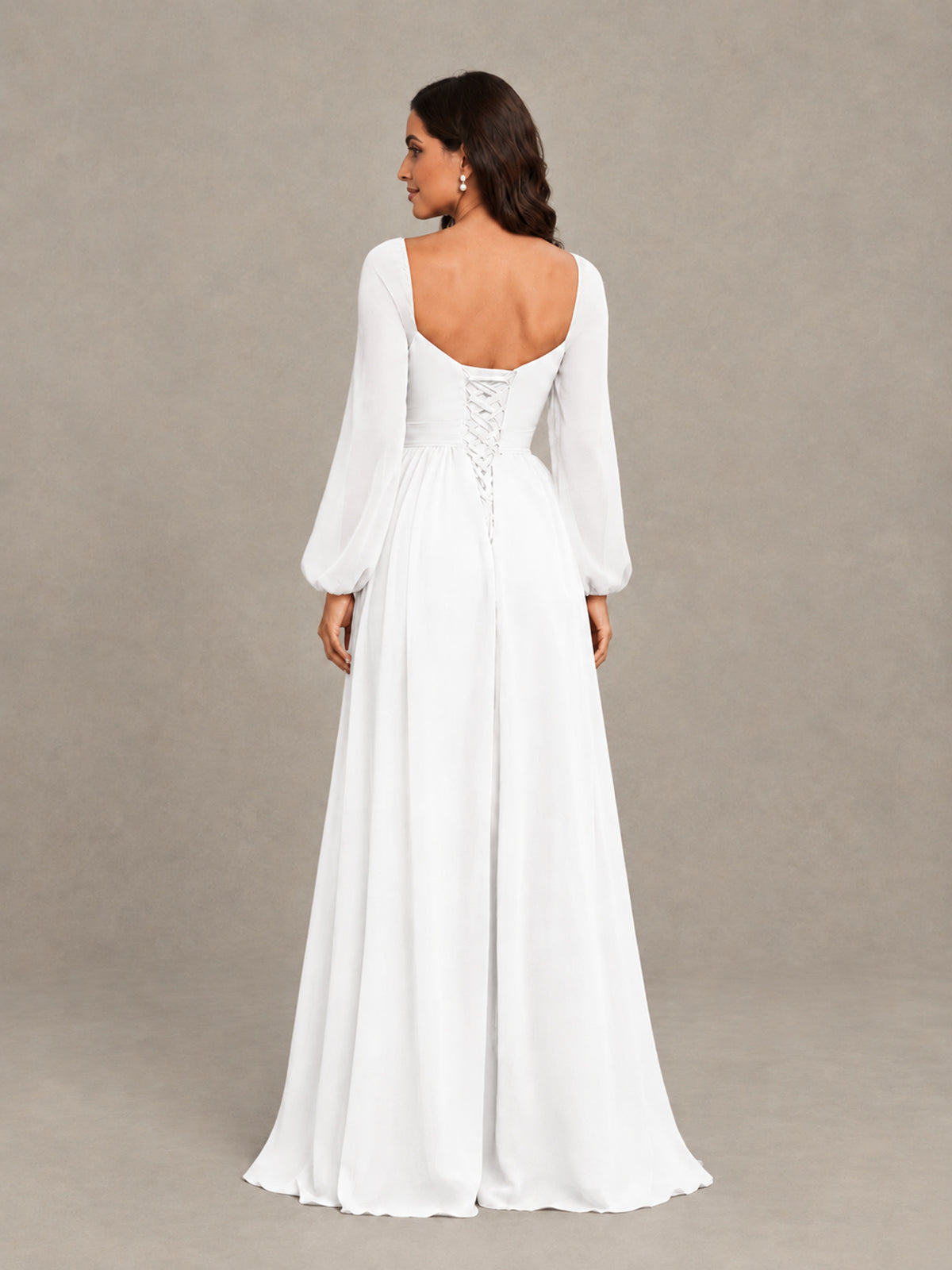 BOLODOO White Long Sleeve Chiffon Bridesmaid Dress with Slit - White - White (2)