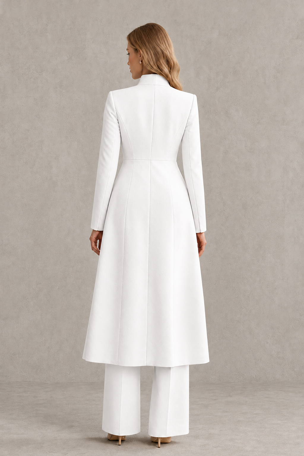 BOLODOO White Longline Jacket Wide-Leg Formal Pantsuit - White