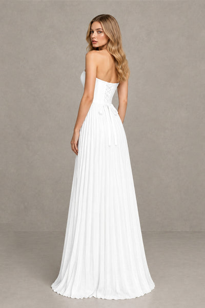 BOLODOO White Strapless Sunburst Pleated Twisted Knot Lace-Up Back Accordion Pleated Chiffon Maxi Dress - White