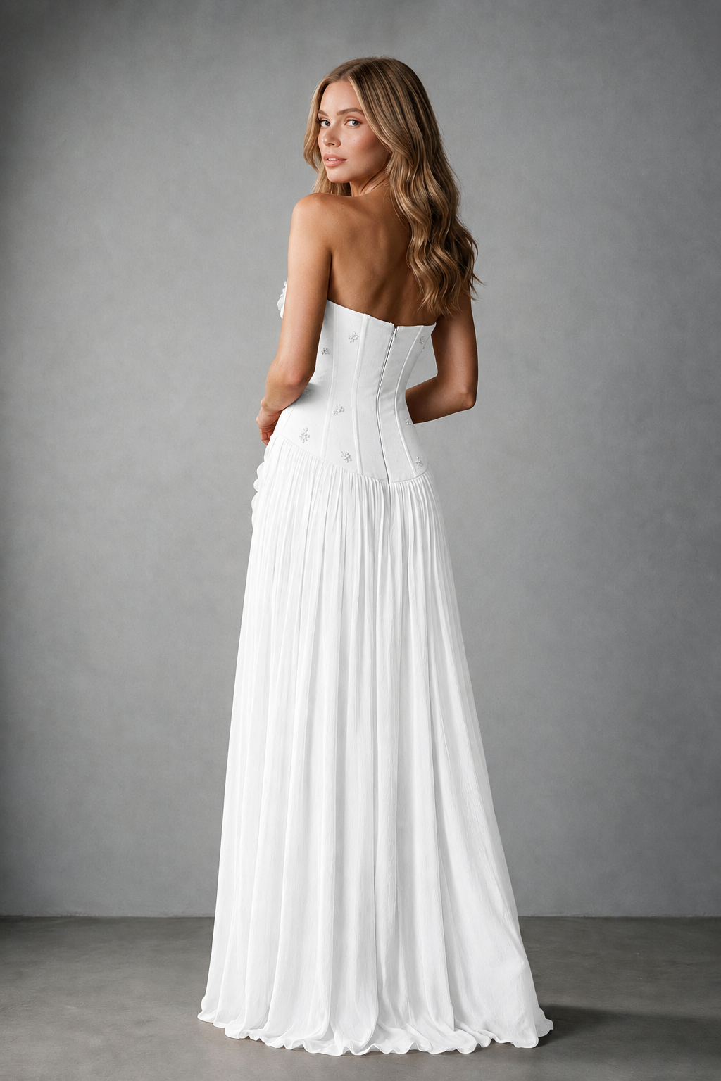BOLODOO White Strapless Floral Appliqué Evening Gown - White