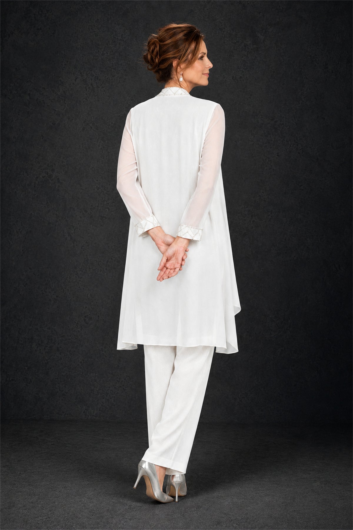 BOLODOO White 3-Piece Beaded Chiffon Duster Jacket Pant Suit - White