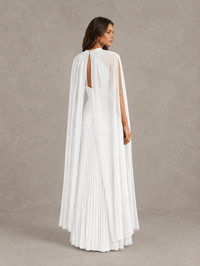 BOLODOO White Pleated Cape Maxi Wedding Guest Dress - White - White (2)