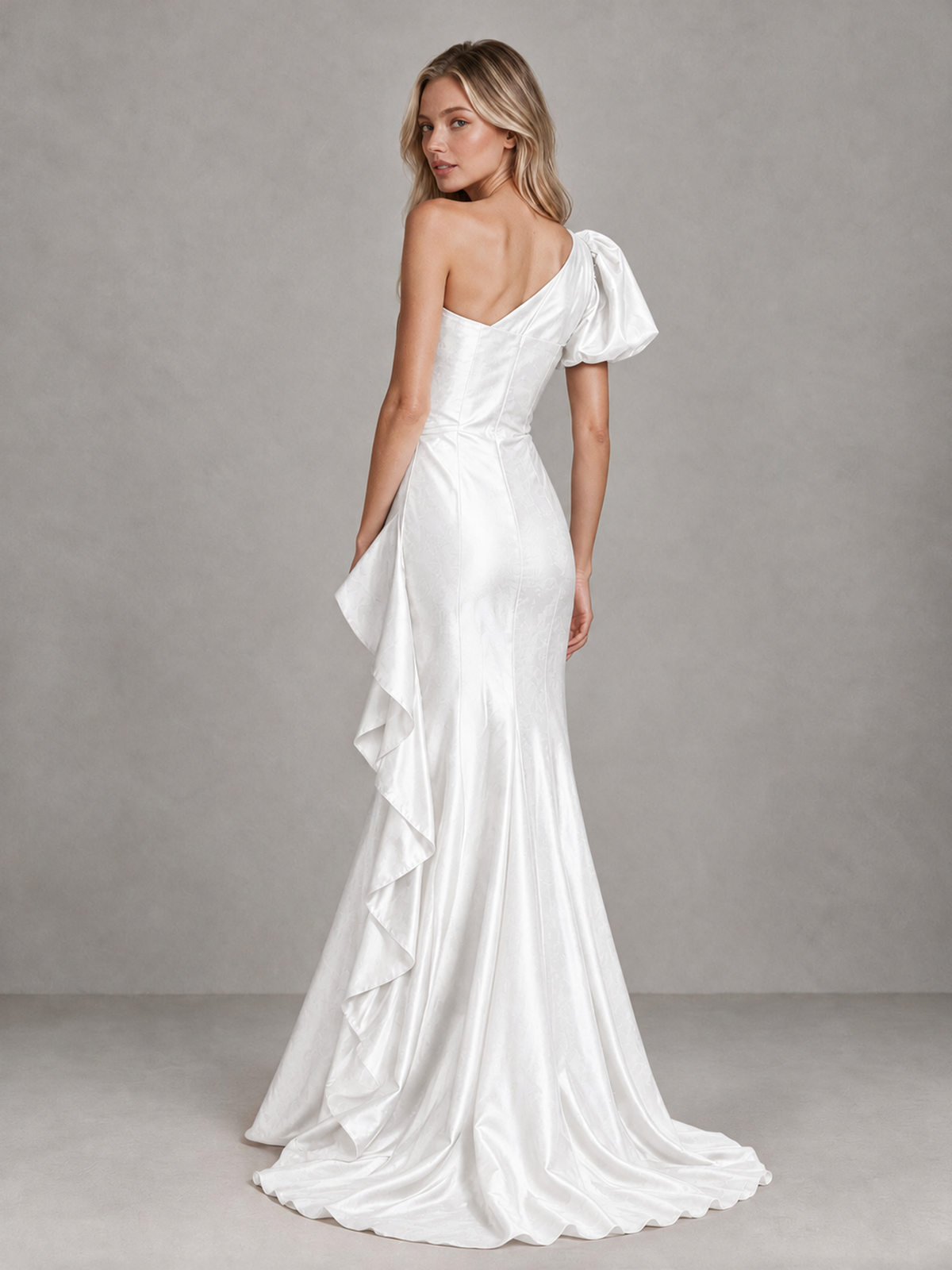 BOLODOO White One-Shoulder Satin-Look Mermaid Evening Dress with Ruffles - White - White (2)