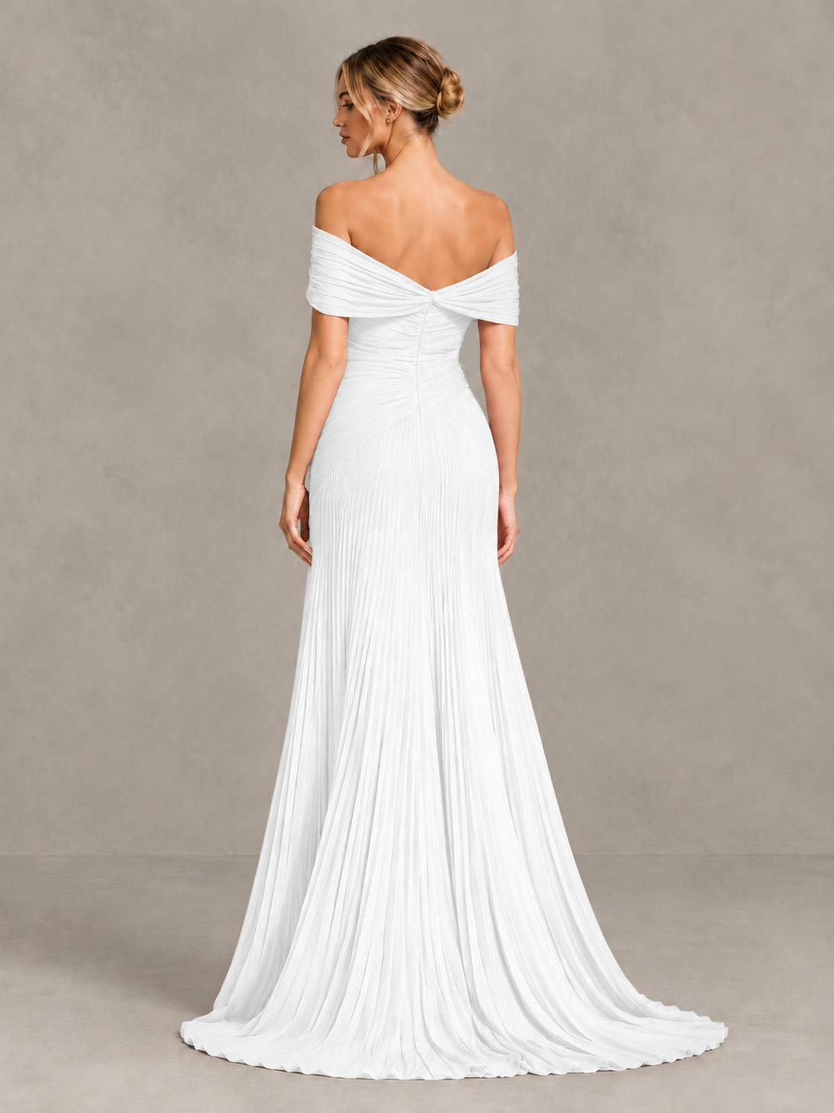 BOLODOO White Off-Shoulder Ruched Pleated Maxi Dress with High Slit - White - White (2)