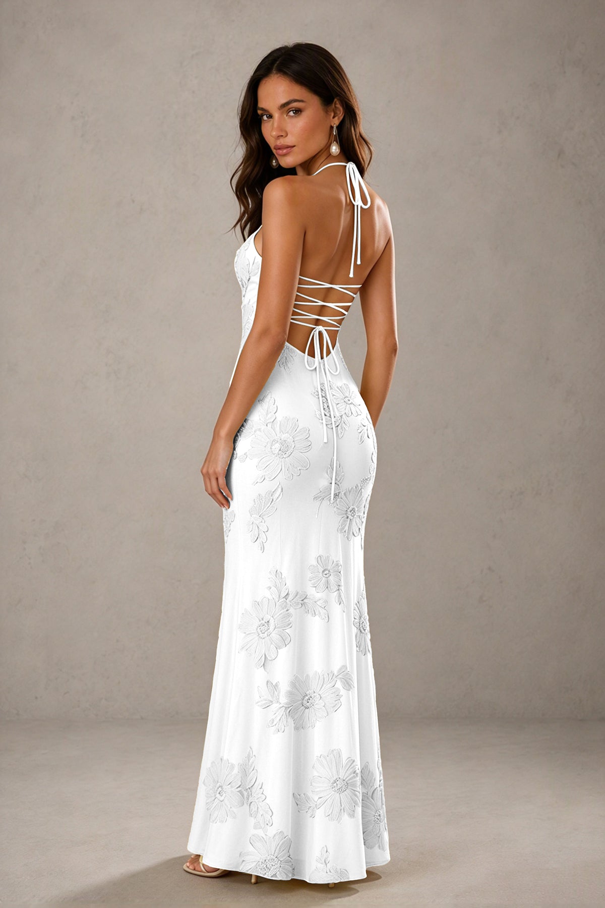 BOLODOO White Halter Sweetheart Floral Embroidered Lace-Up Open Back Maxi Dress | BD0257 - White