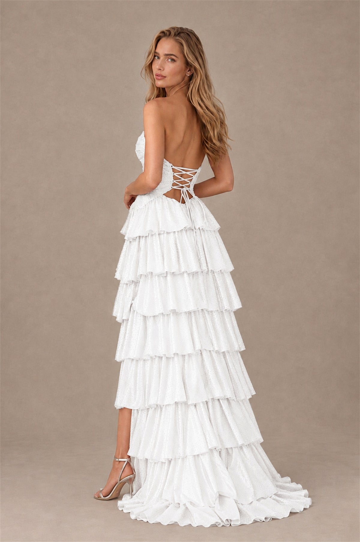 BOLODOO White Strapless Cutout Tiered Ruffle Prom Dress with High Slit - White - White (2)