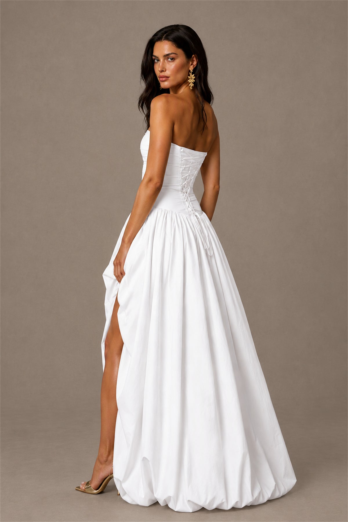 BOLODOO White Strapless Ruched Corset Lace-Up Back Bubble Skirt High Slit Taffeta Maxi Dress - White