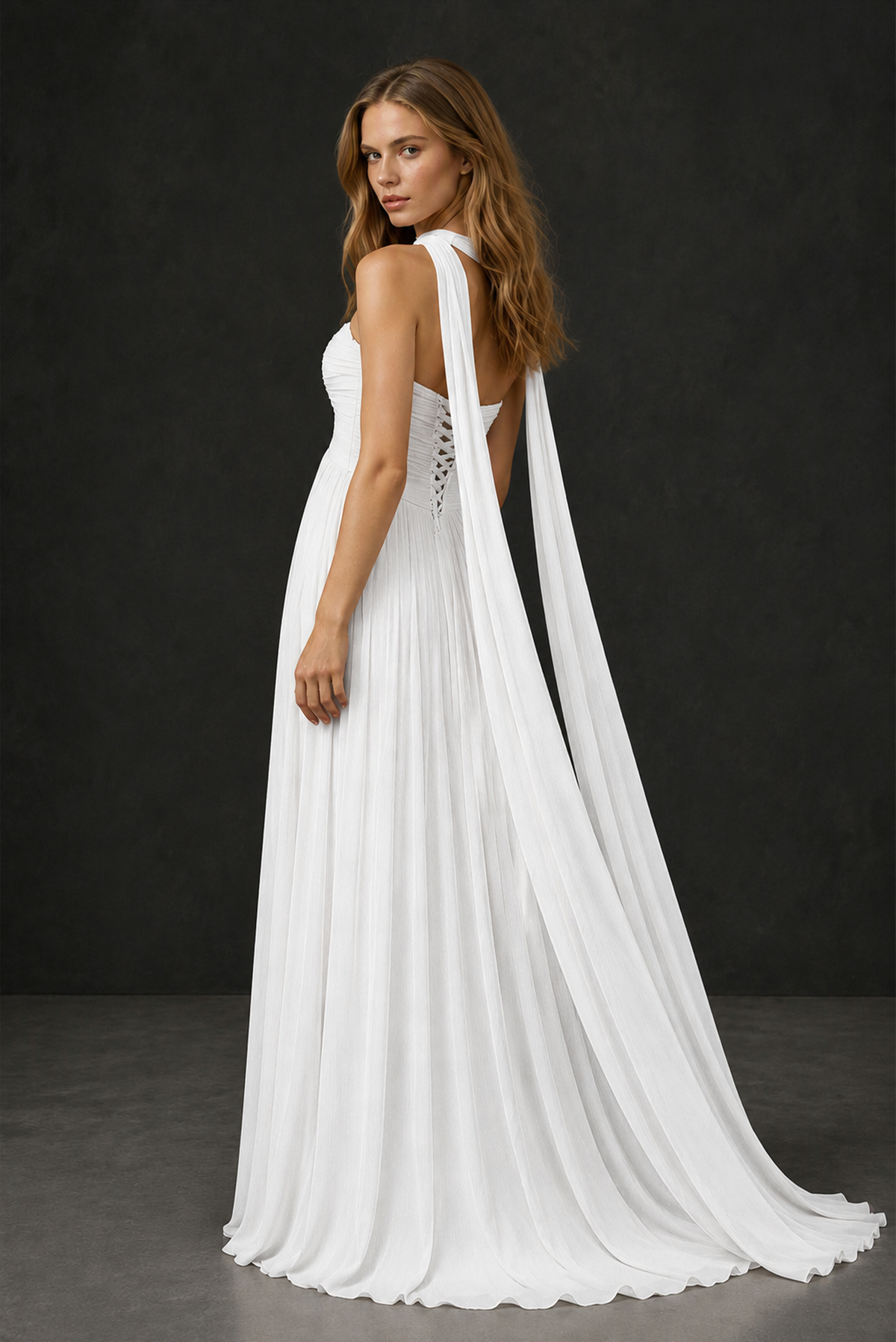 BOLODOO White Sweetheart Strapless Twist Knot Detached Halter Scarf Lace-Up Back Empire Waist Chiffon Maxi Dress - White