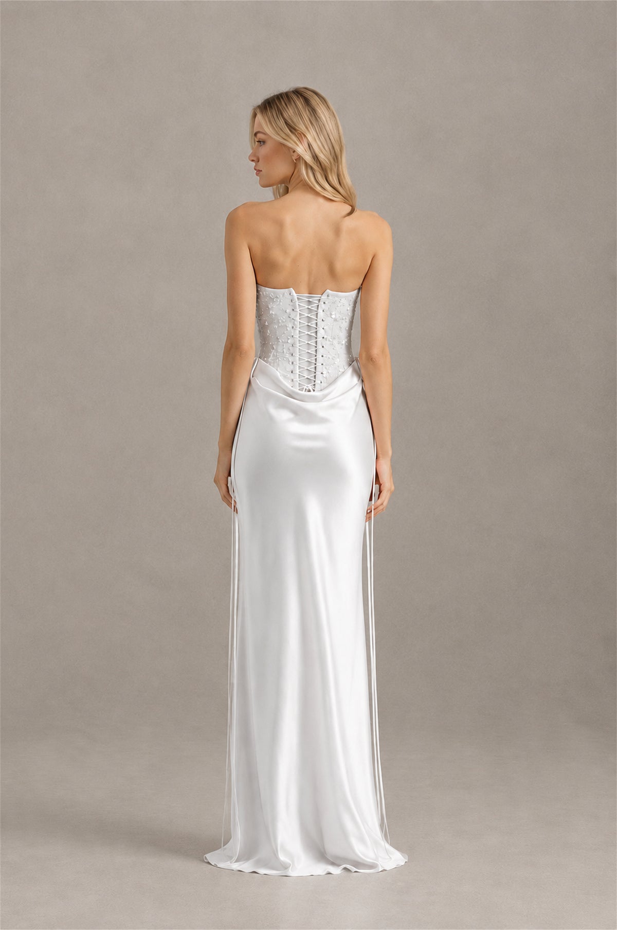 BOLODOO White Strapless Embellished Corset Satin-Look Maxi Dress - White