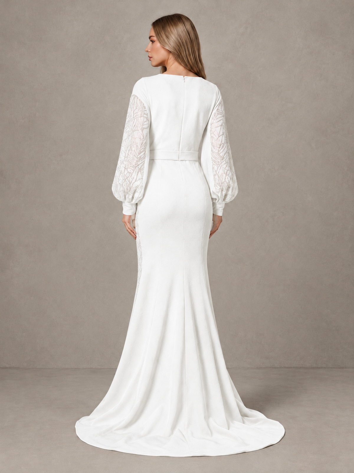 BOLODOO White Sequin Long Bishop Sleeve Mermaid Evening Dress - White - White (2)