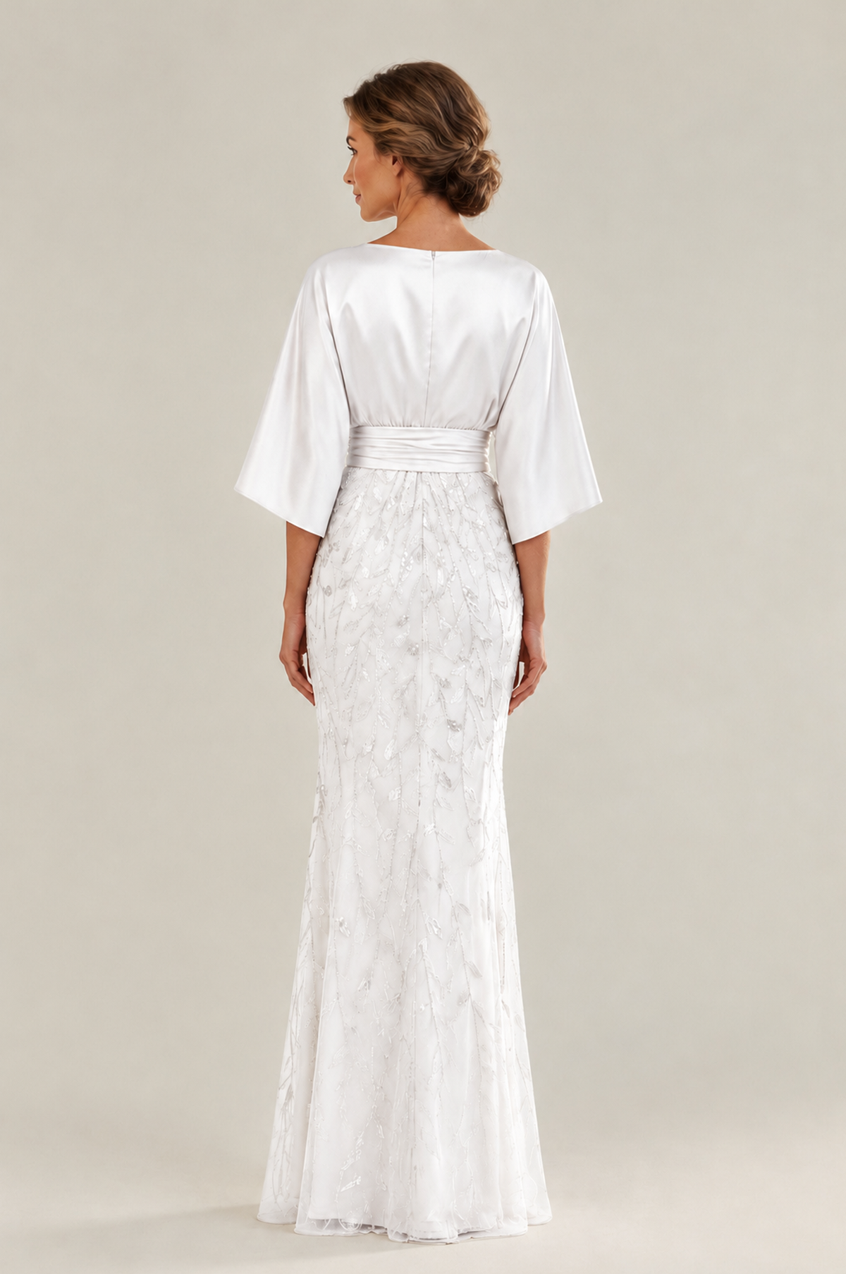 BOLODOO White Mother of the Bride Dress with Kimono Sleeves, Satin Bodice & Sequin Embroidered Mermaid Floor-Length Gown - White - White (2)