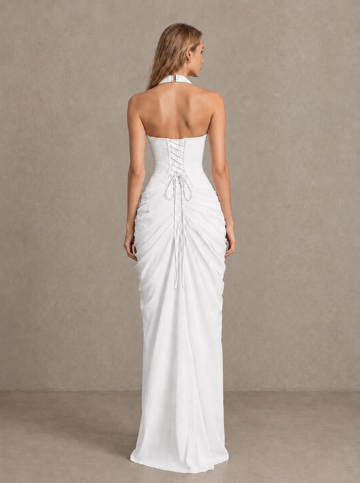 BOLODOO White Halter Neck Ruched Maxi Dress with High Slit - White