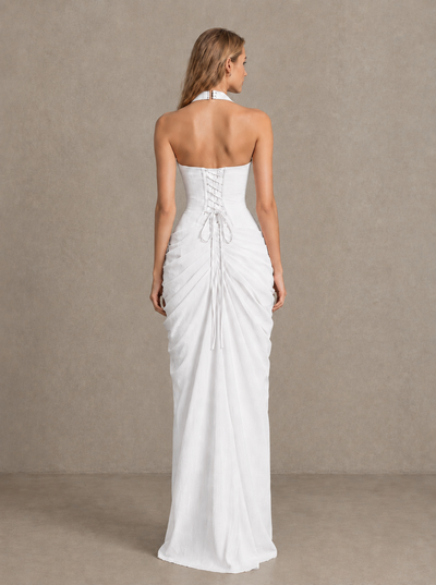 BOLODOO White Halter Neck Ruched Maxi Dress with High Slit - White